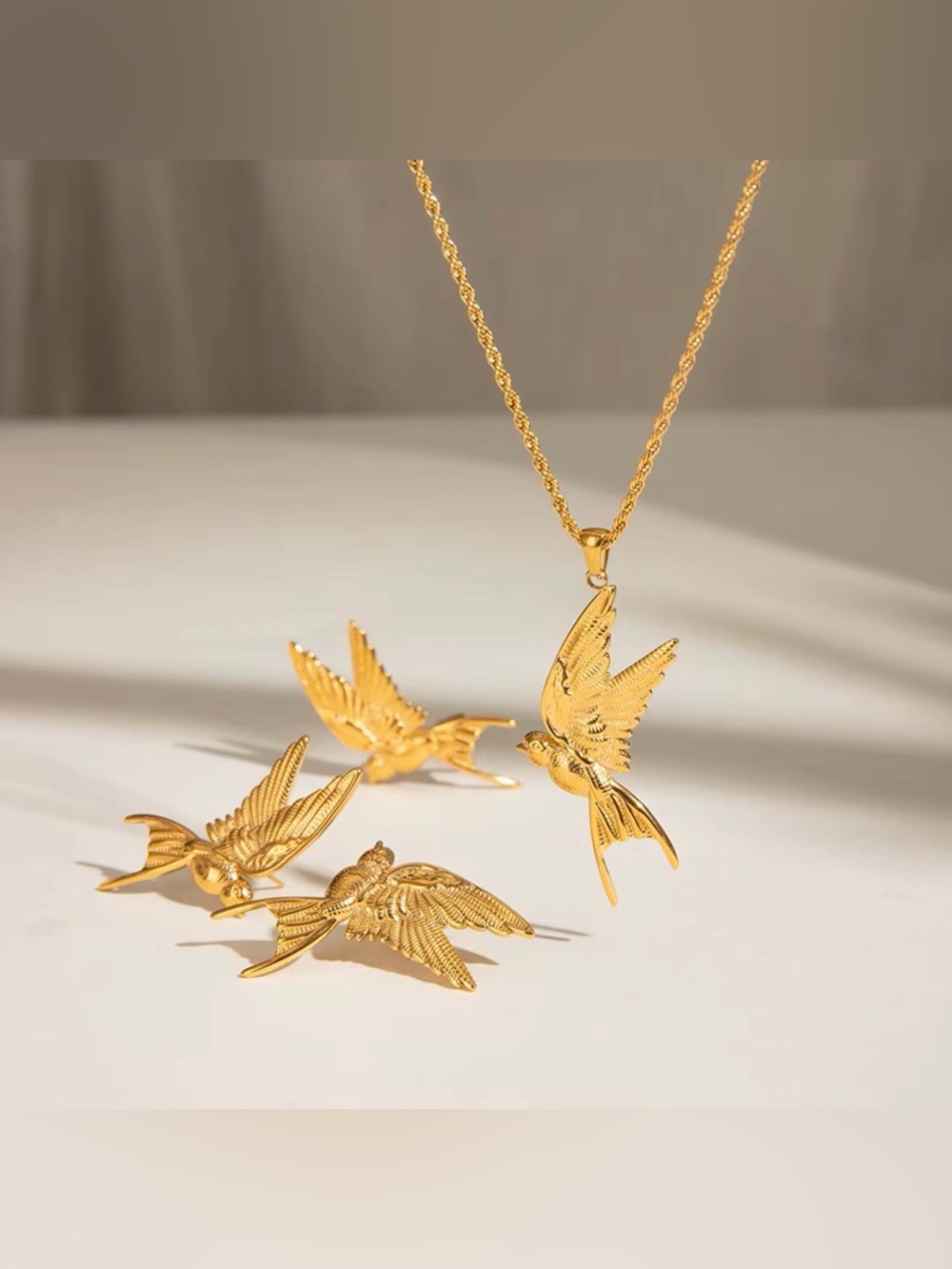 Bird Set Jewelry Gold Bird Pendant Necklace and Stud Earrings Set Dove Necklace - Picture 7 of 9